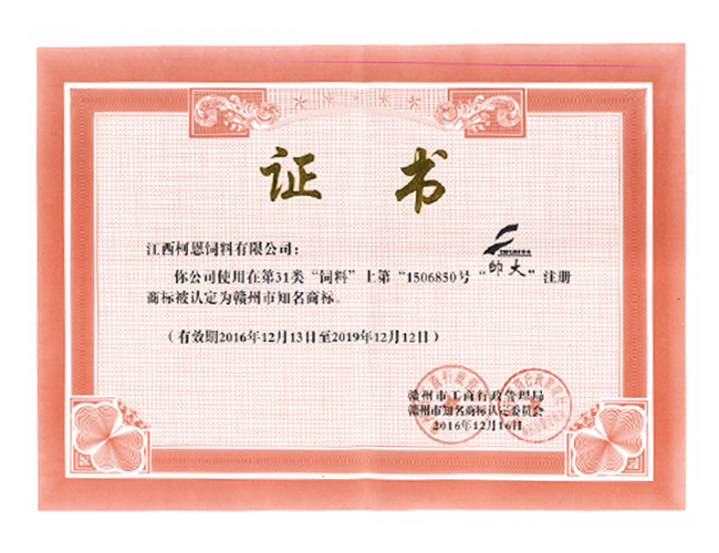 帥大——市知名商標（榮譽證書）