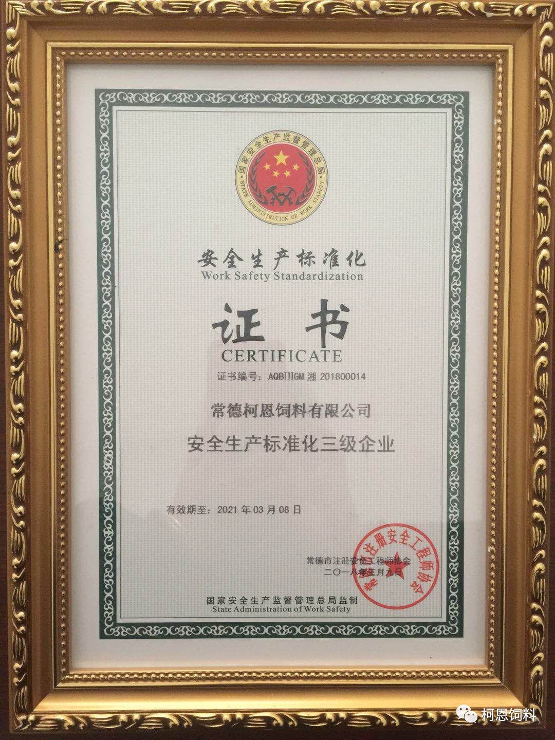 常德公司榮獲安全生產標準化三級企業