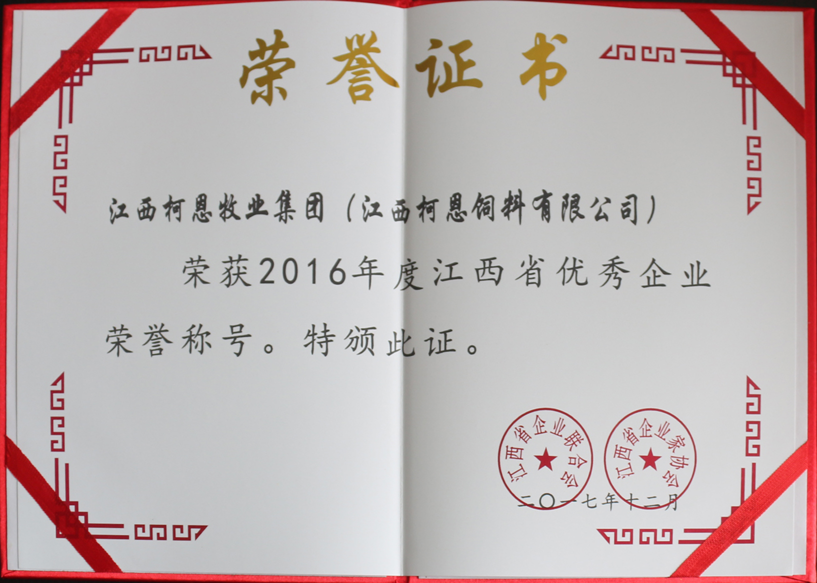2016年度江西省優秀企業榮譽證書