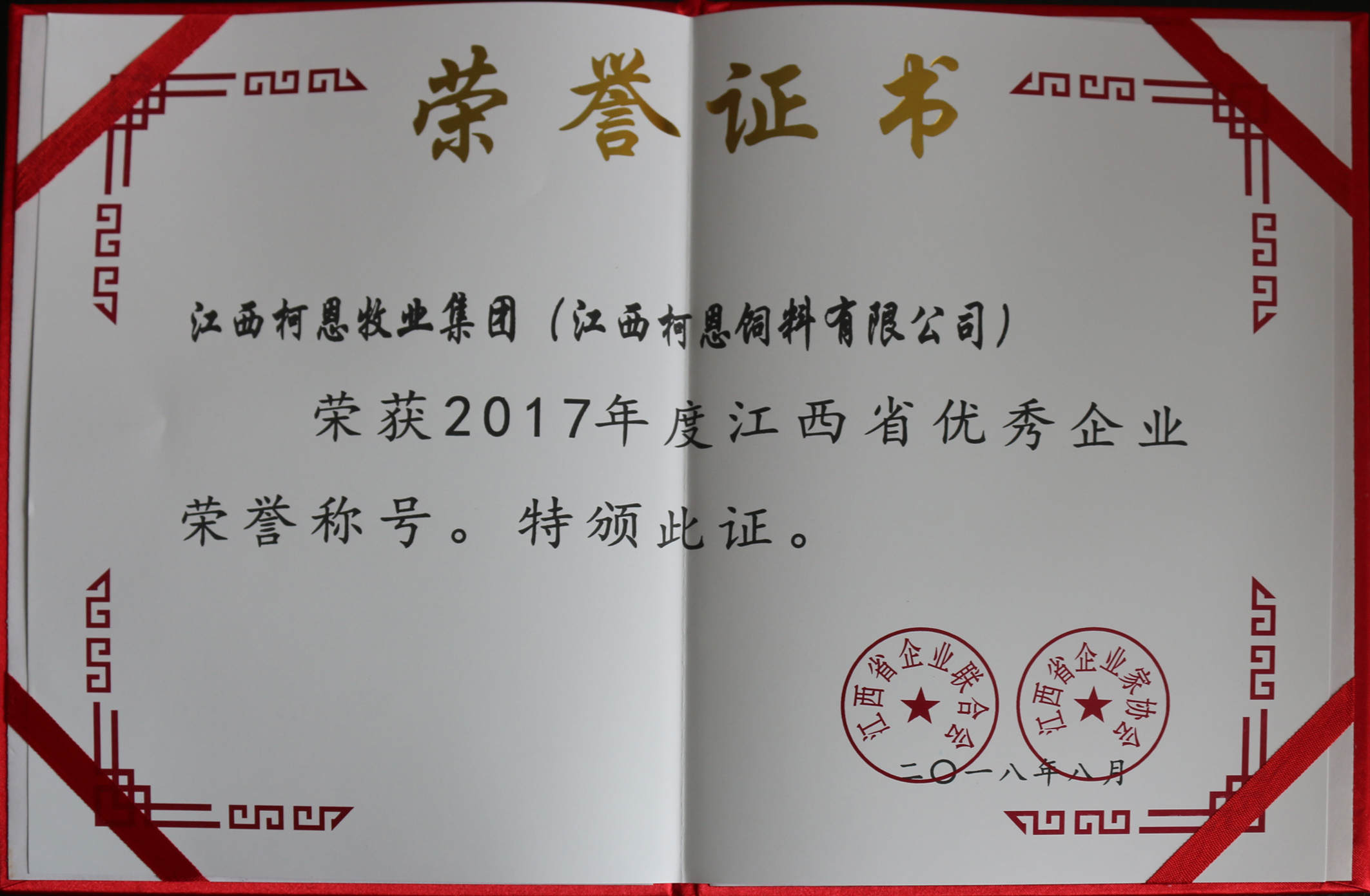 2017年度江西省優秀企業榮譽證書