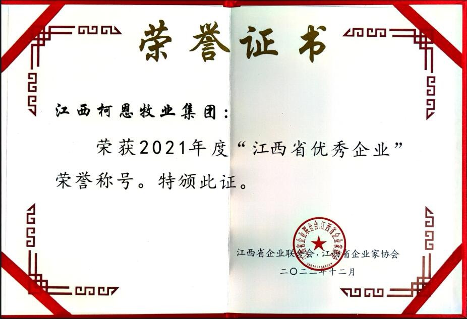 2022年度江西省優秀企業（證書）